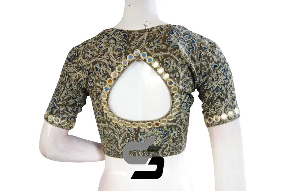 Stylish Green Kalamkari Cotton Blouse, Mirror Neck & Sleeves, Ready-to-Wear - D3blouses