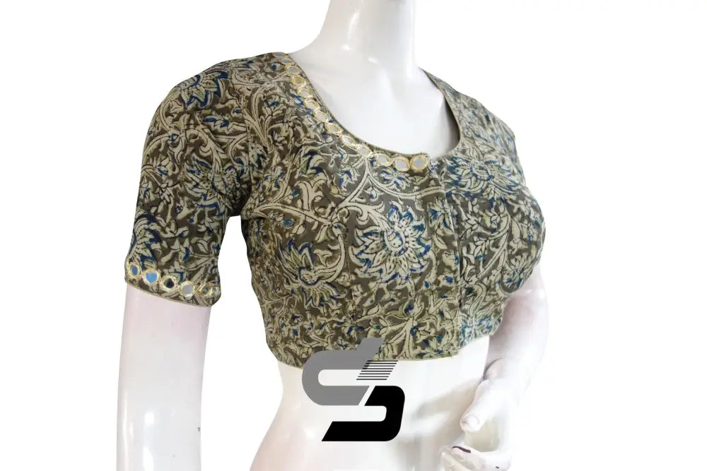 Stylish Green Kalamkari Cotton Blouse, Mirror Neck & Sleeves, Ready-to-Wear - D3blouses