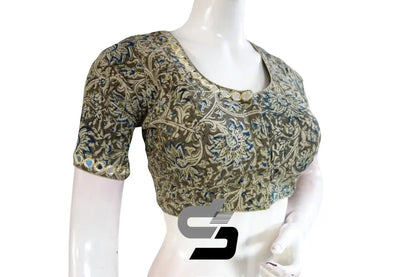 Stylish Green Kalamkari Cotton Blouse, Mirror Neck & Sleeves, Ready-to-Wear - D3blouses