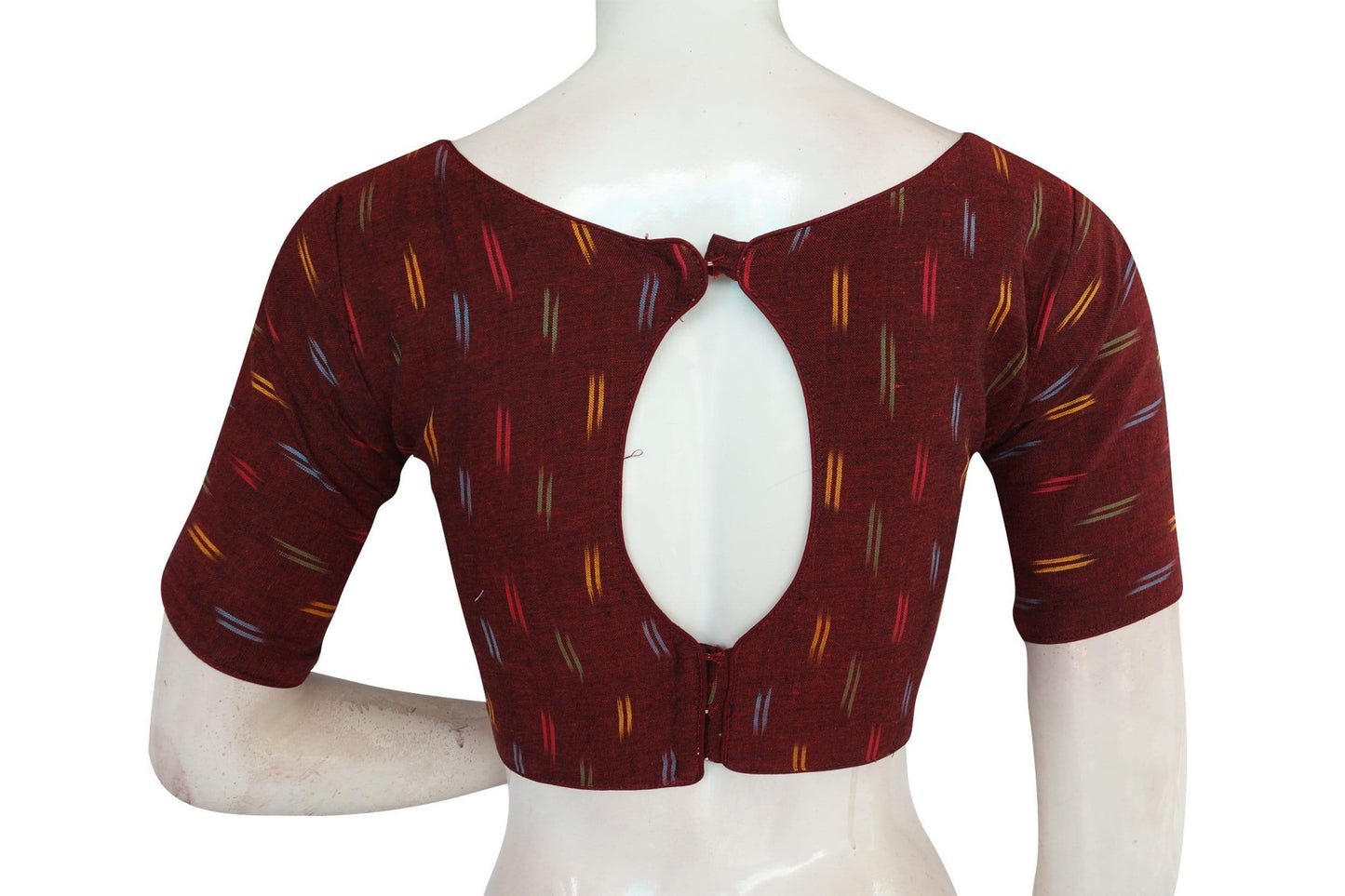 Stylish Maroon Ikkat Boat Neck Designer Readymade Saree Blouses - D3blouses