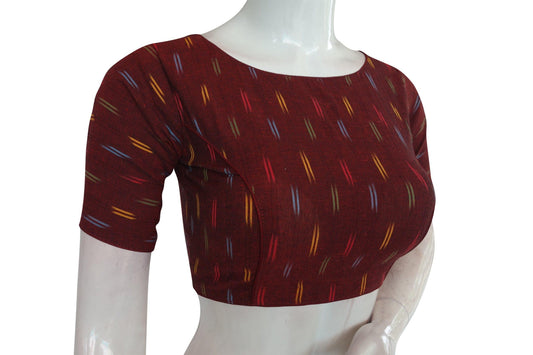 Stylish Maroon Ikkat Boat Neck Designer Readymade Saree Blouses - D3blouses