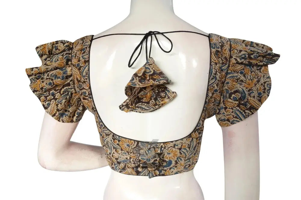 Stylish Noir, Chic Black Kalamkari Cotton Blouse with Designer Ruffle Sleeves - D3blouses