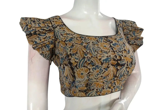 Stylish Noir, Chic Black Kalamkari Cotton Blouse with Designer Ruffle Sleeves - D3blouses