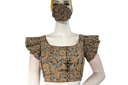 Stylish Noir, Chic Black Kalamkari Cotton Blouse with Designer Ruffle Sleeves - D3blouses