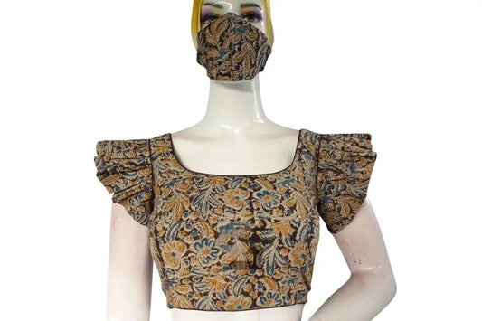 Stylish Noir, Chic Black Kalamkari Cotton Blouse with Designer Ruffle Sleeves - D3blouses