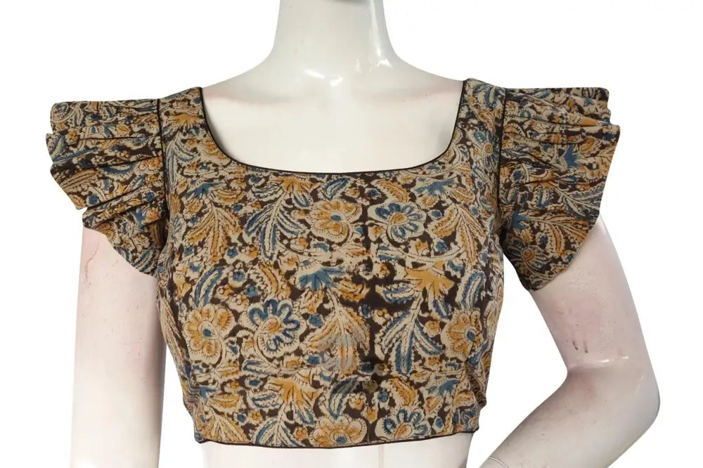 Stylish Noir, Chic Black Kalamkari Cotton Blouse with Designer Ruffle Sleeves - D3blouses