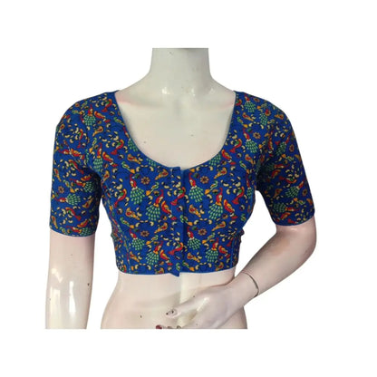Stylish & Sophisticated: Royal Blue Cotton Printed Readymade Saree Blouse - D3blouses
