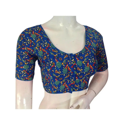 Stylish & Sophisticated: Royal Blue Cotton Printed Readymade Saree Blouse - D3blouses