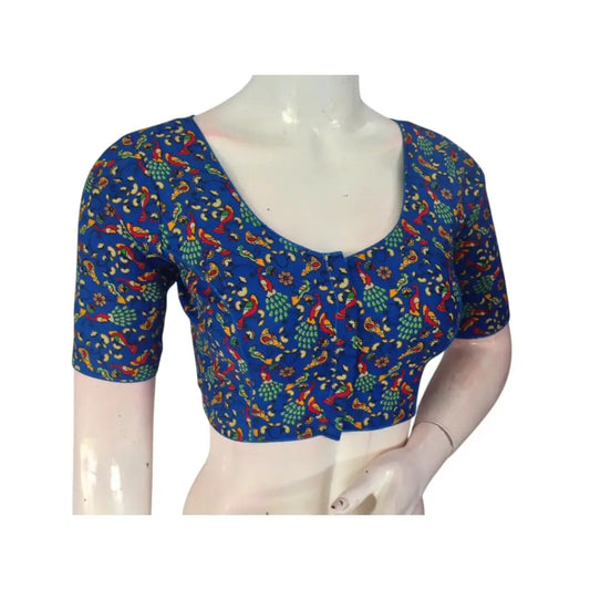 Stylish & Sophisticated: Royal Blue Cotton Printed Readymade Saree Blouse - D3blouses