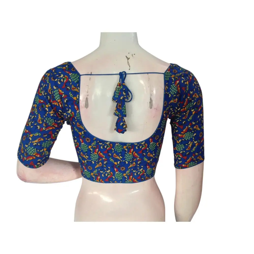 Stylish & Sophisticated: Royal Blue Cotton Printed Readymade Saree Blouse - D3blouses