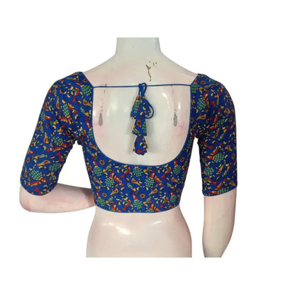 Stylish & Sophisticated: Royal Blue Cotton Printed Readymade Saree Blouse - D3blouses
