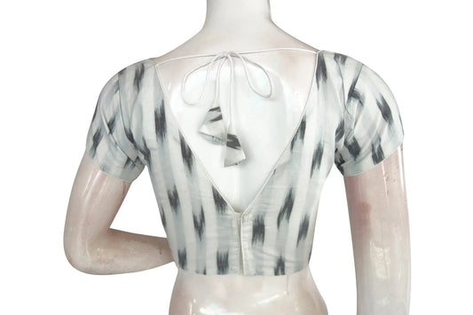 Stylish White Ikkat V-Neck Designer Saree Blouse - Modern Ethnic Attire - D3blouses