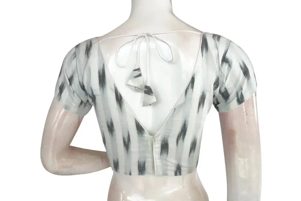 Stylish White Ikkat V-Neck Designer Saree Blouse - Modern Ethnic Attire - D3blouses