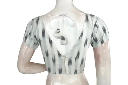 Stylish White Ikkat V-Neck Designer Saree Blouse - Modern Ethnic Attire - D3blouses