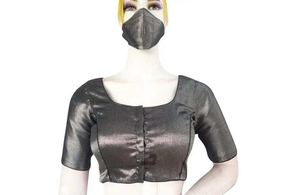 Subtle Elegance, Grey Plain Tissue Blouse Set with Coordinating Mask - D3blouses