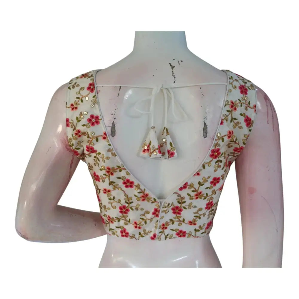 Subtle Floral Design Embroidery Off-White Color Semi-Silk Sleeveless Blouse - D3blouses