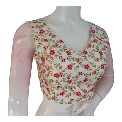 Subtle Floral Design Embroidery Off-White Color Semi-Silk Sleeveless Blouse - D3blouses