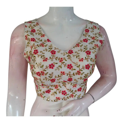 Subtle Floral Design Embroidery Off-White Color Semi-Silk Sleeveless Blouse - D3blouses