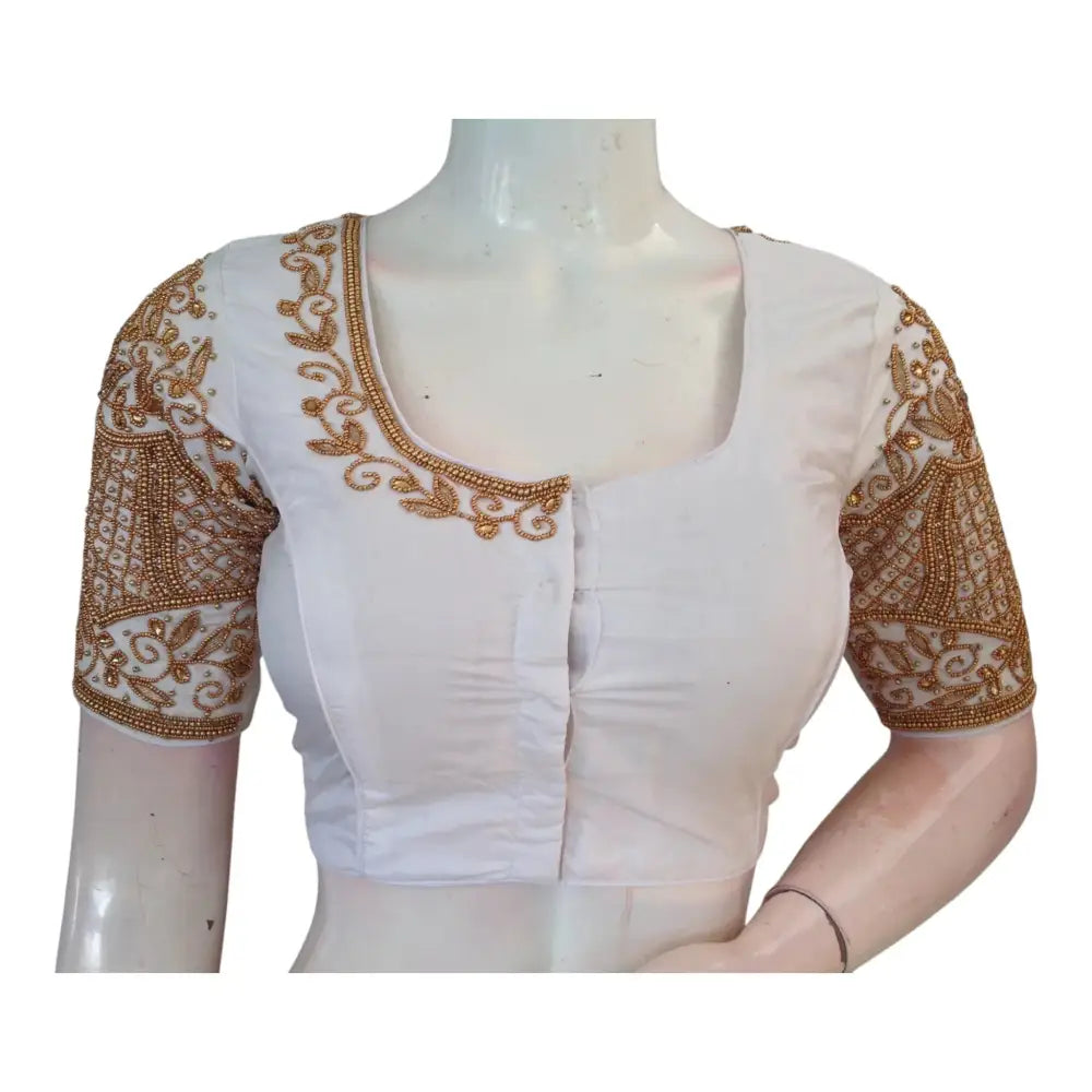 Subtle Off-White Color Aari Handwork Wedding Silk Saree Blouse - Elegant - D3blouses