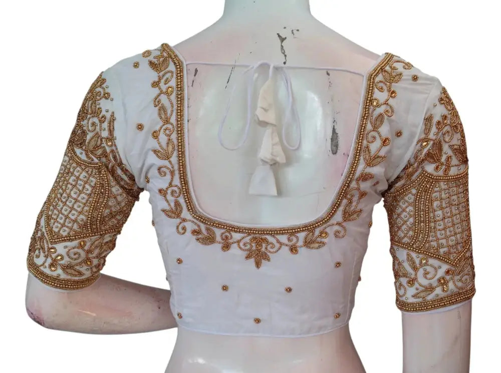 Subtle Off-White Color Aari Handwork Wedding Silk Saree Blouse - Elegant - D3blouses