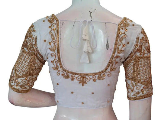 Subtle Off-White Color Aari Handwork Wedding Silk Saree Blouse - Elegant - D3blouses