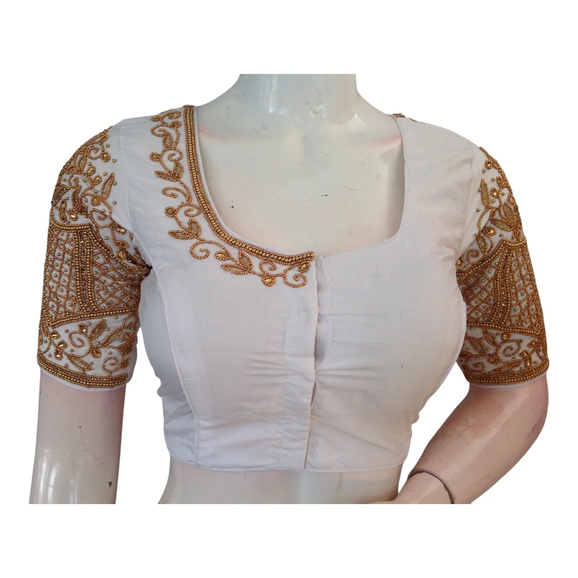 Subtle Off-White Color Aari Handwork Wedding Silk Saree Blouse - Elegant - D3blouses