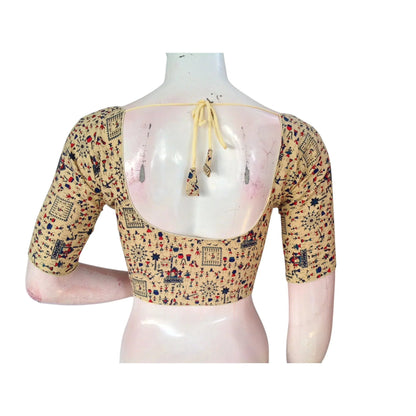 Subtle Sophistication: Light Gold Color Kalamkari Printed Readymade Blouse - D3blouses