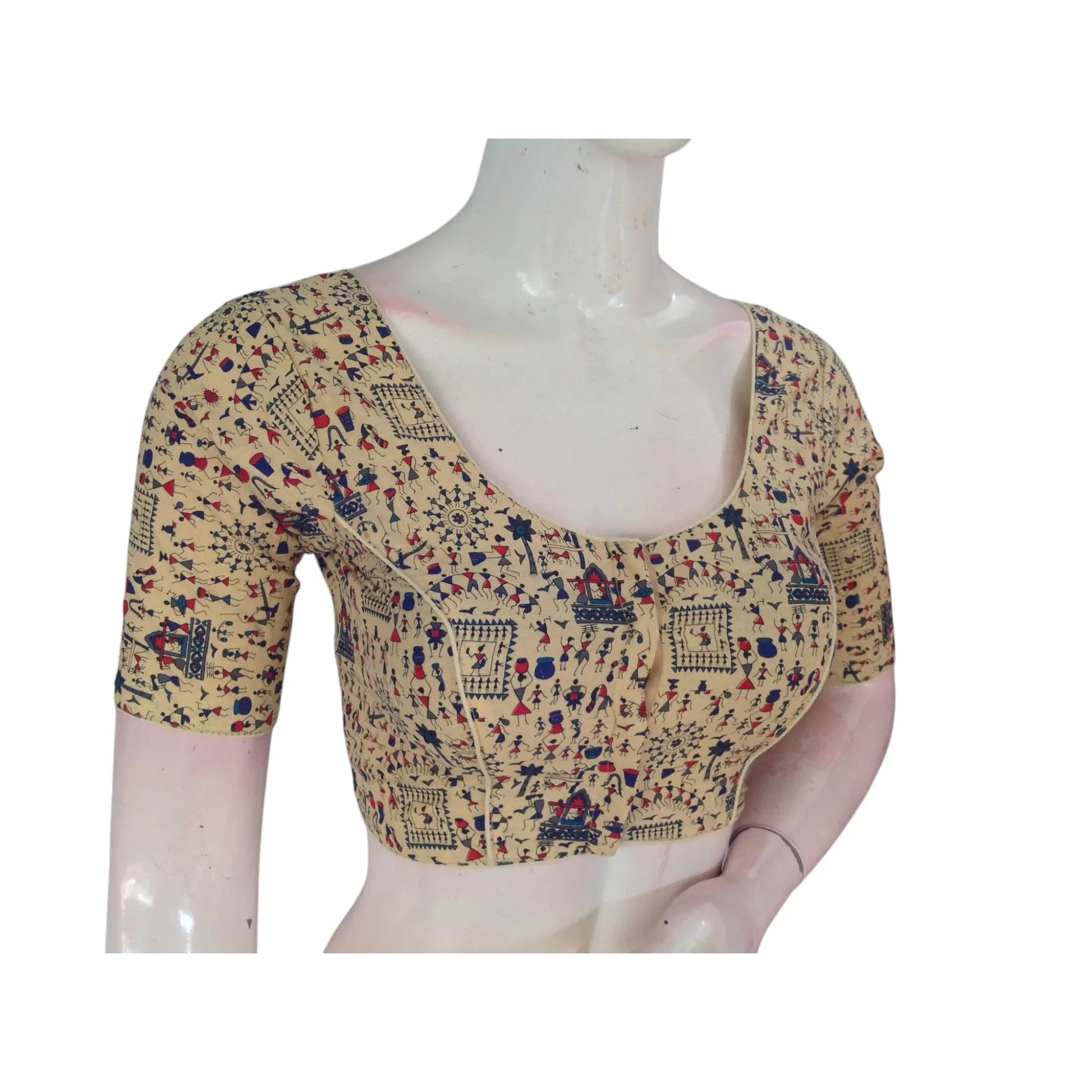 Subtle Sophistication: Light Gold Color Kalamkari Printed Readymade Blouse - D3blouses