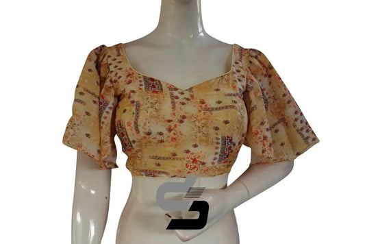 Sunlit Glow, Pastel Yellow Designer Organza Ruffle Sleeve Saree Blouse - D3blouses