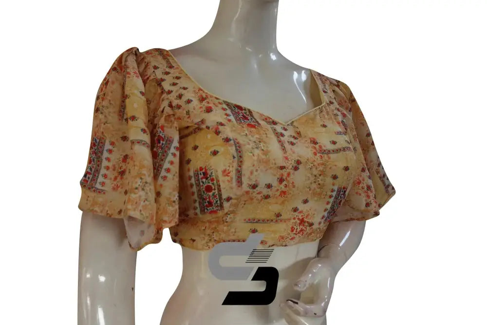 Sunlit Glow, Pastel Yellow Designer Organza Ruffle Sleeve Saree Blouse - D3blouses
