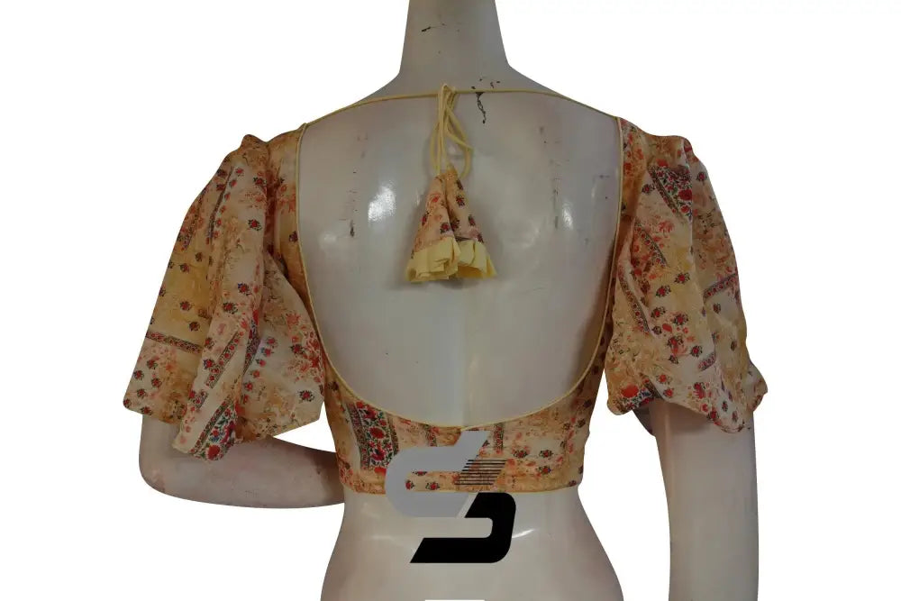 Sunlit Glow, Pastel Yellow Designer Organza Ruffle Sleeve Saree Blouse - D3blouses