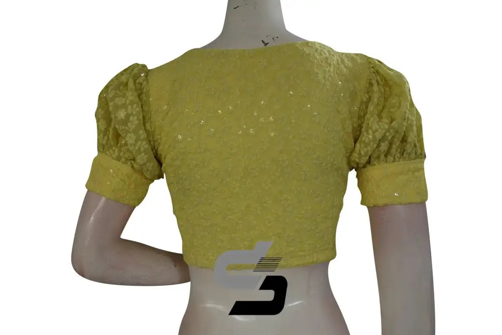 Sunny Charm: High Neck Chikankari Saree Blouse with Puff Sleeves in Yellow - D3blouses