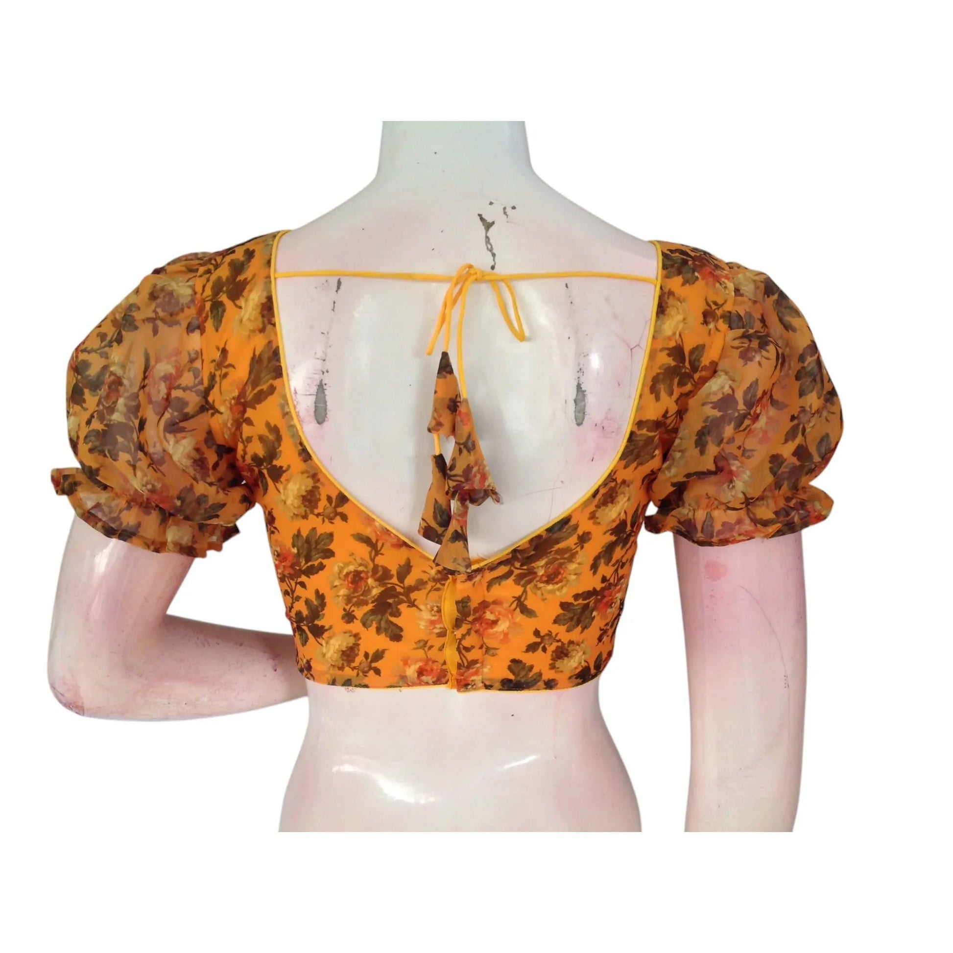 Sunny Side Up: Mustard Yellow Color Organza Puff Sleeve Readymade Blouse - D3blouses