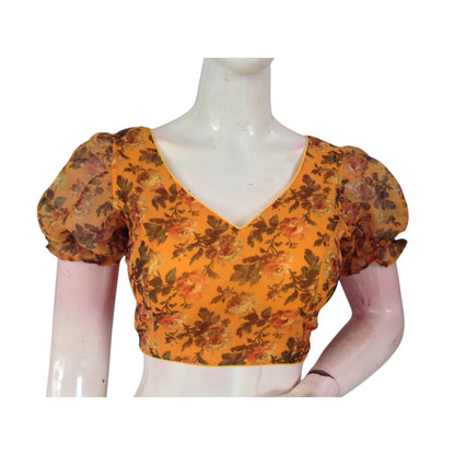 Sunny Side Up: Mustard Yellow Color Organza Puff Sleeve Readymade Blouse - D3blouses