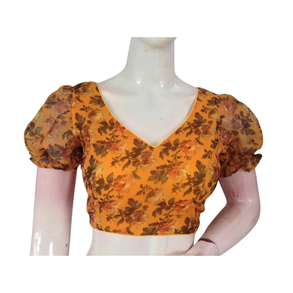 Sunny Side Up: Mustard Yellow Color Organza Puff Sleeve Readymade Blouse - D3blouses