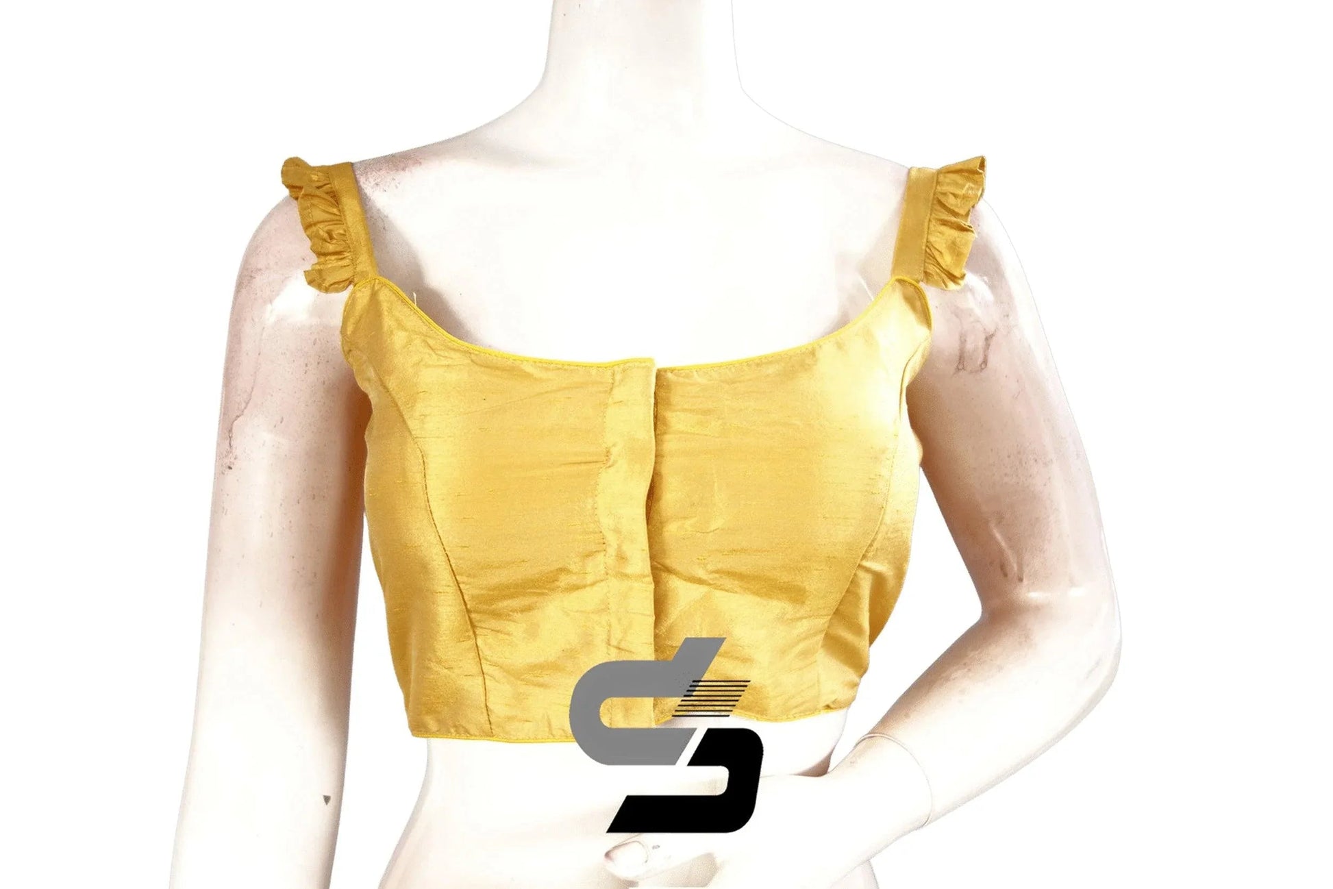 Sunny Splendor, Yellow Plain Silk Spaghetti Frill Sleeves Readymade Saree Blouse - D3blouses