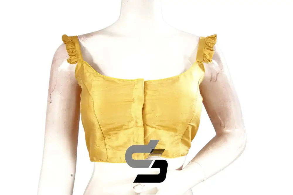 Sunny Splendor, Yellow Plain Silk Spaghetti Frill Sleeves Readymade Saree Blouse - D3blouses