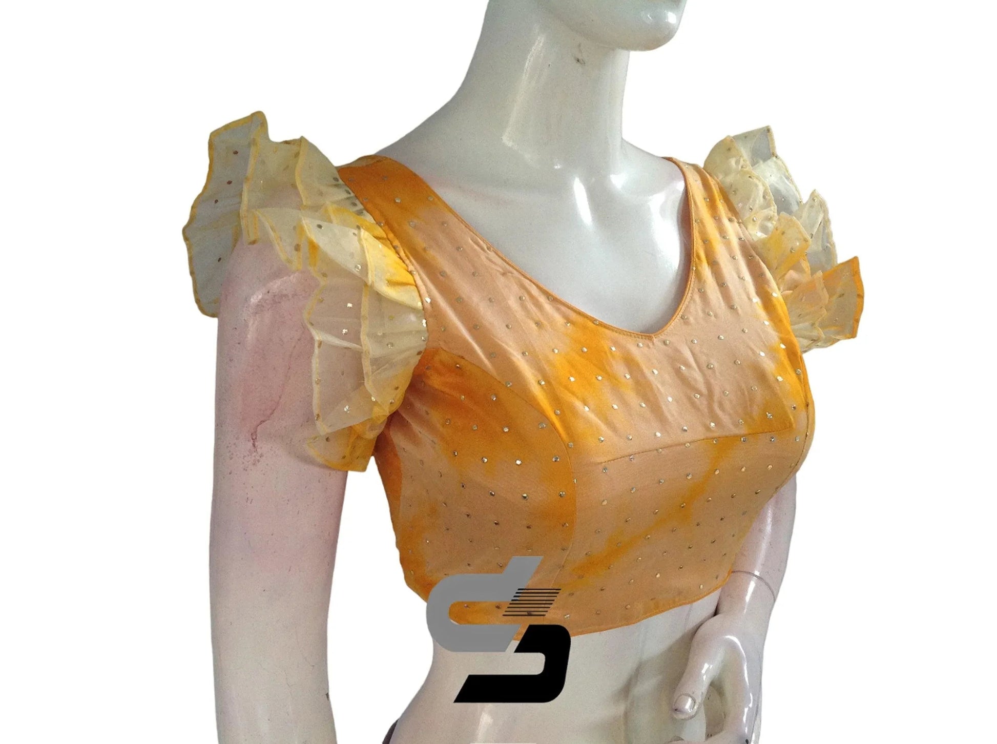 Sunny Yellow, Tie Dye Designer V Neck Georgette Saree Blouse with Ruffle Sleeves - D3blouses