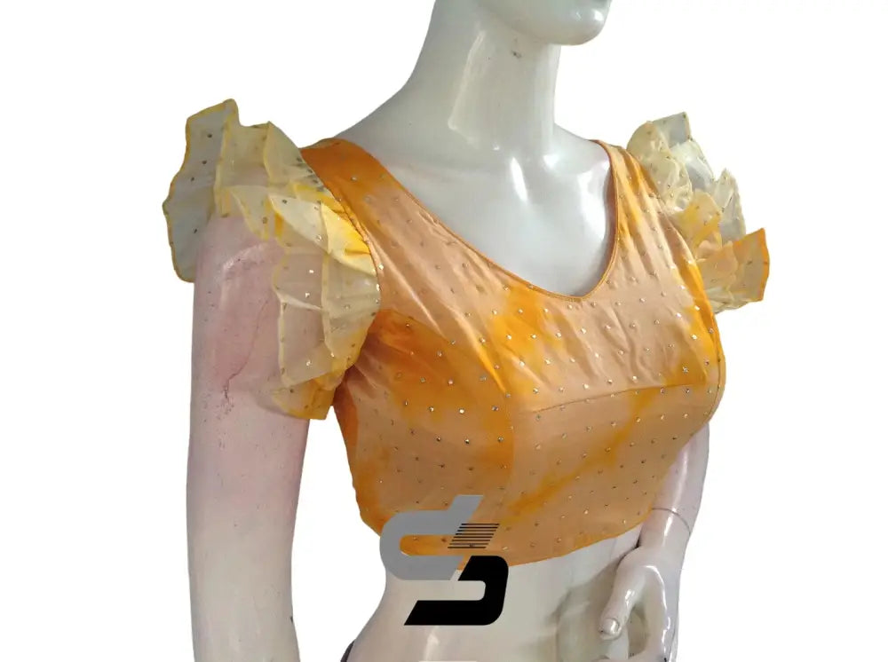 Sunny Yellow, Tie Dye Designer V Neck Georgette Saree Blouse with Ruffle Sleeves - D3blouses