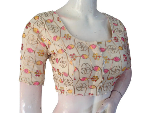 Sunset Bloom" Khadi Cotton Blouse: Floral Sequins & Thread work - D3blouses