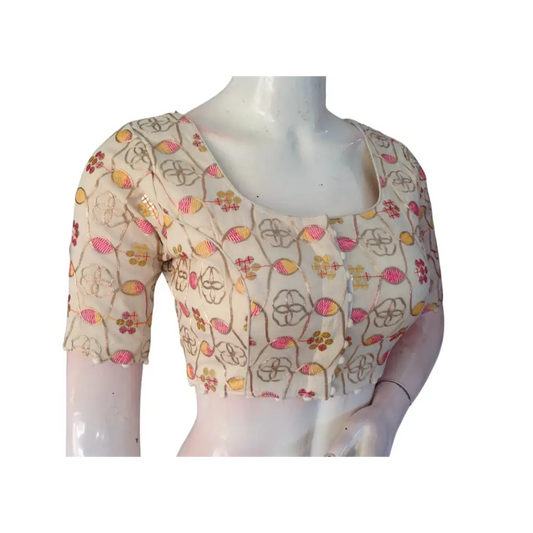 Sunset Bloom" Khadi Cotton Blouse: Floral Sequins & Thread work - D3blouses