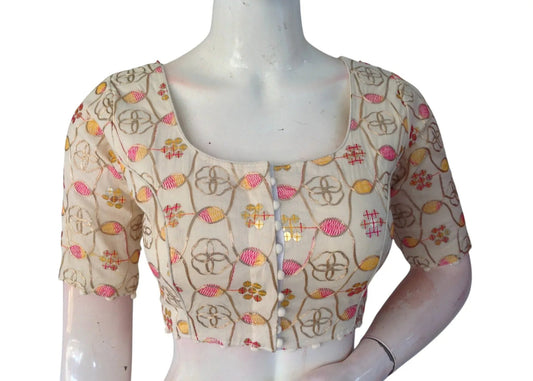 Sunset Bloom" Khadi Cotton Blouse: Floral Sequins & Thread work - D3blouses