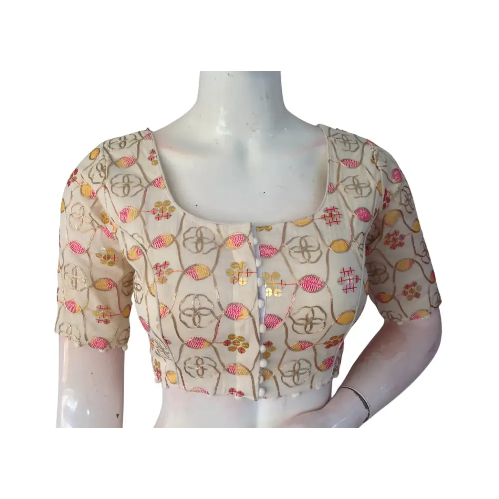 Sunset Bloom" Khadi Cotton Blouse: Floral Sequins & Thread work - D3blouses