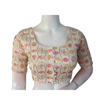 Sunset Bloom" Khadi Cotton Blouse: Floral Sequins & Thread work - D3blouses