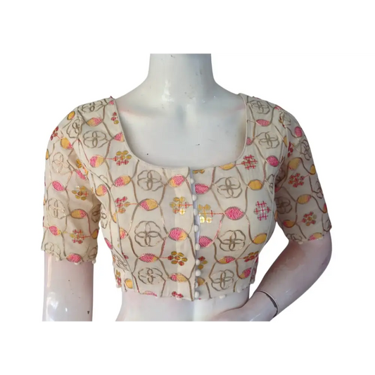 Sunset Bloom" Khadi Cotton Blouse: Floral Sequins & Thread work - D3blouses