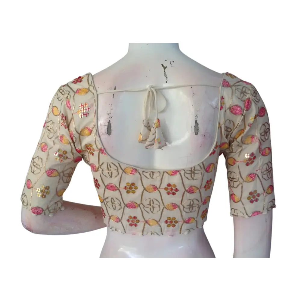 Sunset Bloom" Khadi Cotton Blouse: Floral Sequins & Thread work - D3blouses