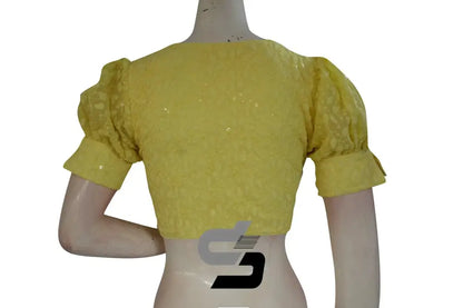 Sunshine Glow: High Neck Chikankari Saree Blouse with Puff Sleeves - D3blouses