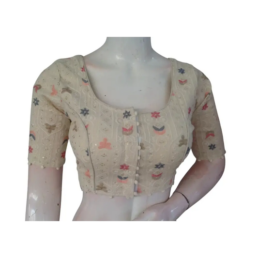 Sustainable Style: Hand-Embroidered Khadi Cotton Readymade Blouse - D3blouses