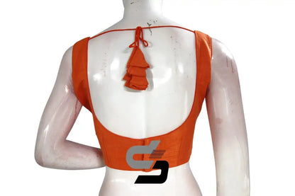 Tangerine Elegance, Plain Semi Silk Designer Readymade Saree Blouse - D3blouses