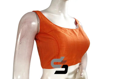 Tangerine Elegance, Plain Semi Silk Designer Readymade Saree Blouse - D3blouses